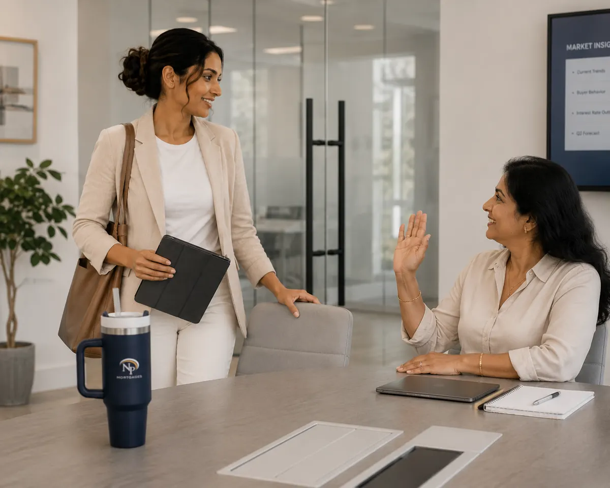 NP Mortgages team member greeting a client in a modern office