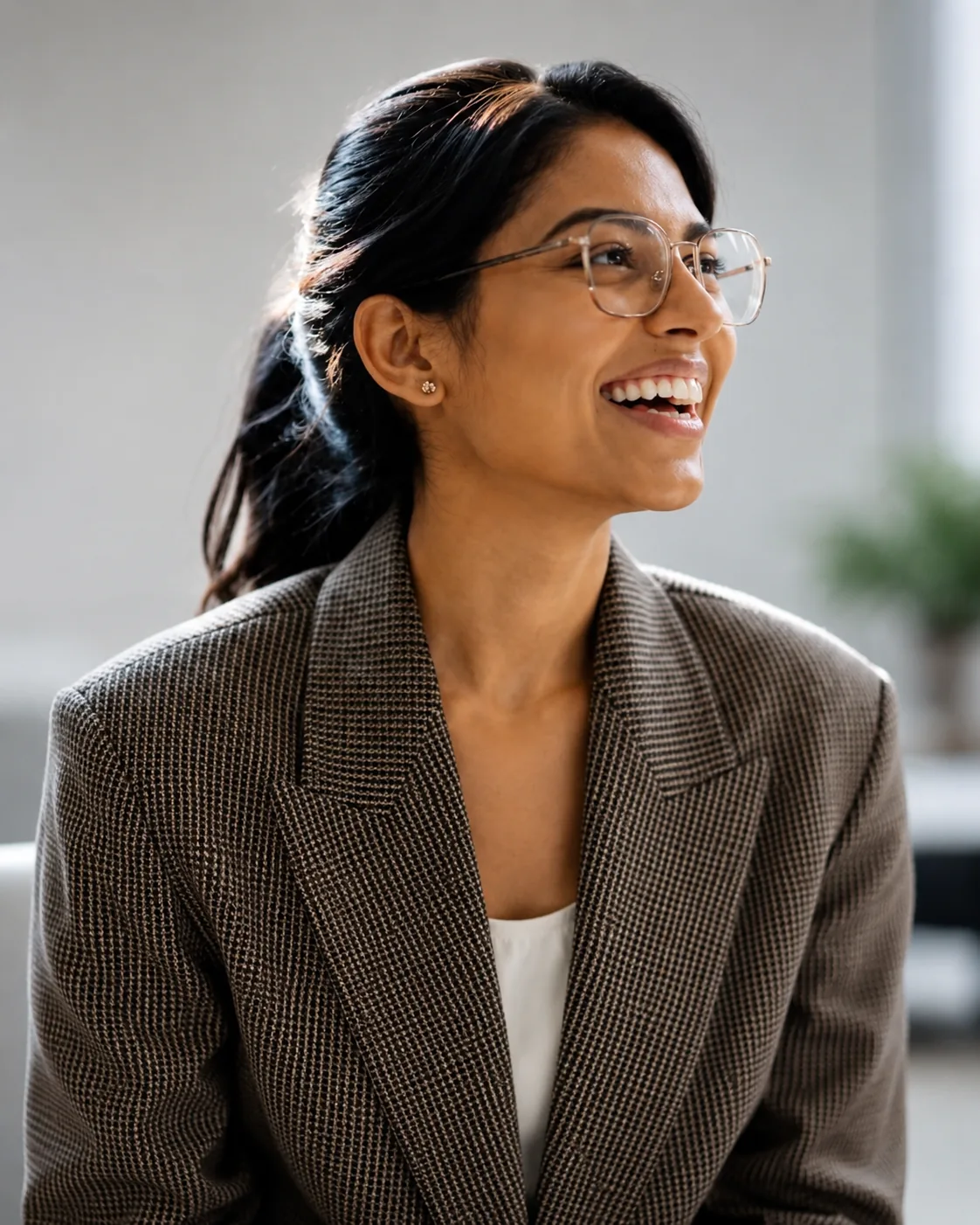Smiling mortgage professional in a modern office setting